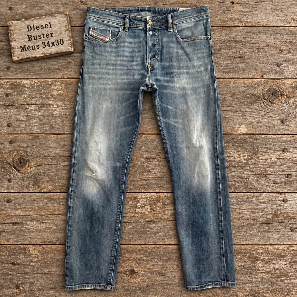 Diesel Buster Mens 34x30 Tapered Jeans Medium Wash Button Fly Blue Denim